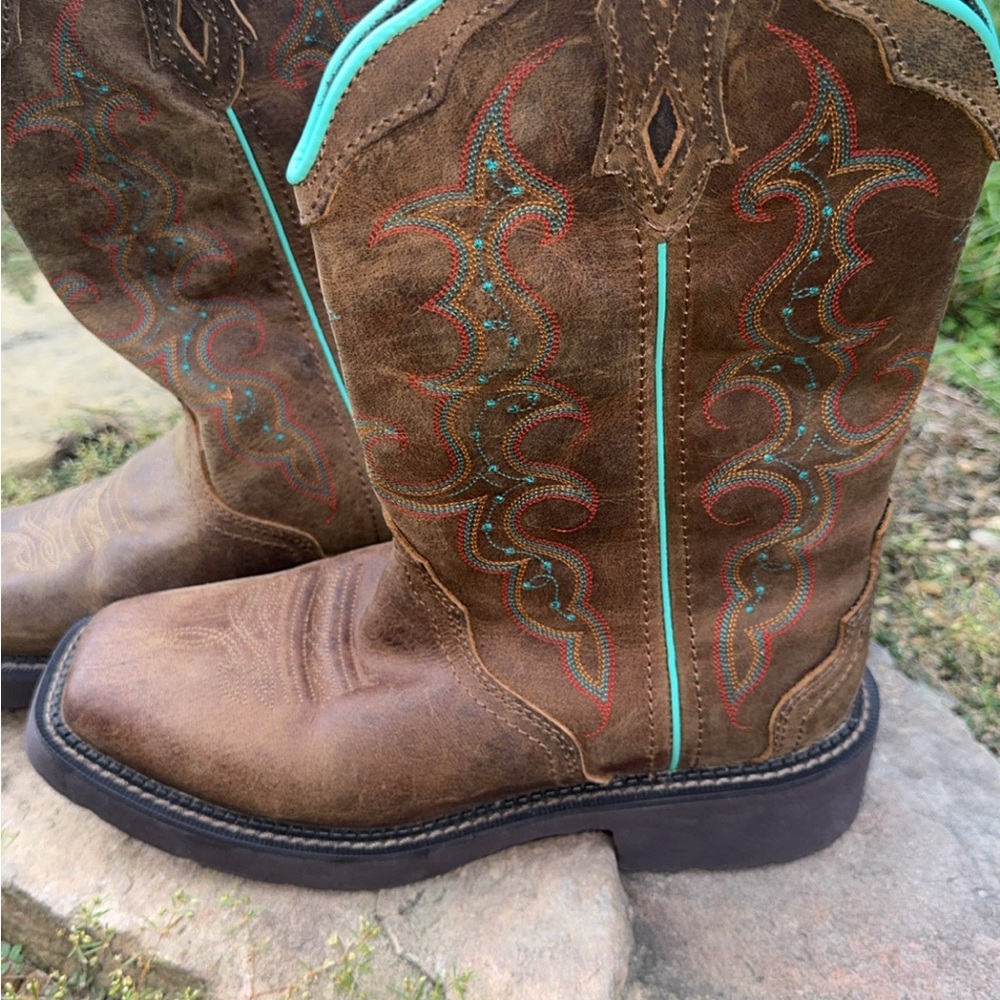 Justin Boots Brown Suede Western Boots with Turquoise Stitching
